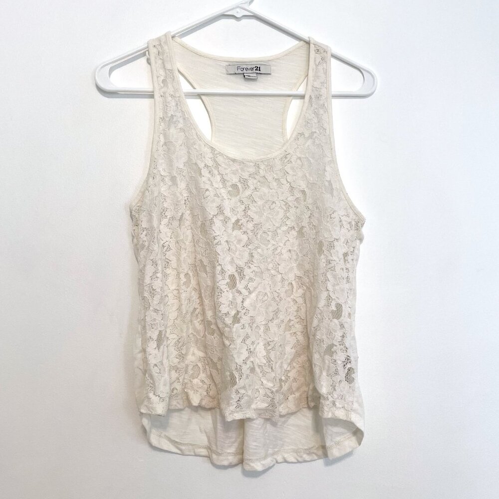 FOREVER 21 White Floral Lace Front / Solid Back Mixed Media Twee Racerback Tank - Picture 2 of 15